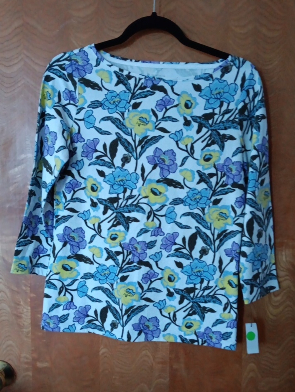 Talbots White Floral Boatneck Top with Blue, Purple & Yellow Blooms
